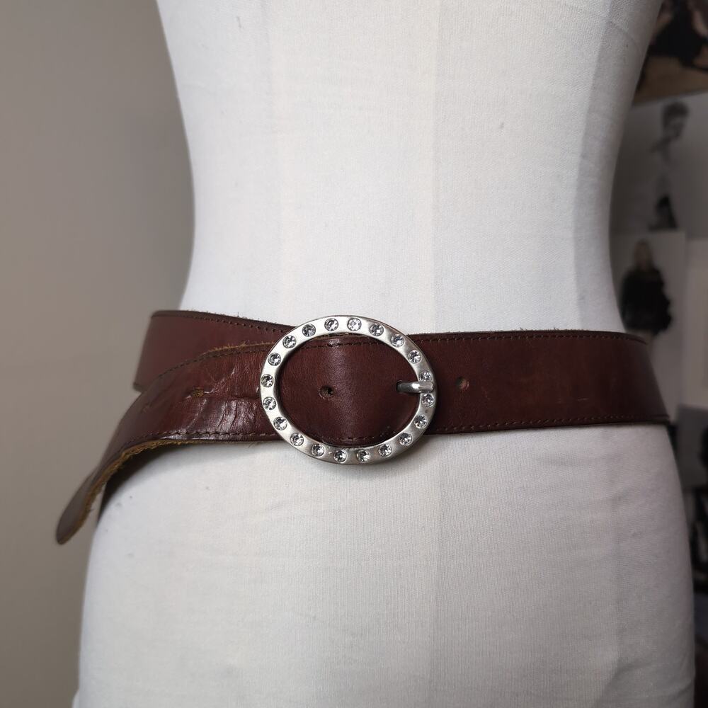 Brown Leather Belt Rhinestone Buckle Western